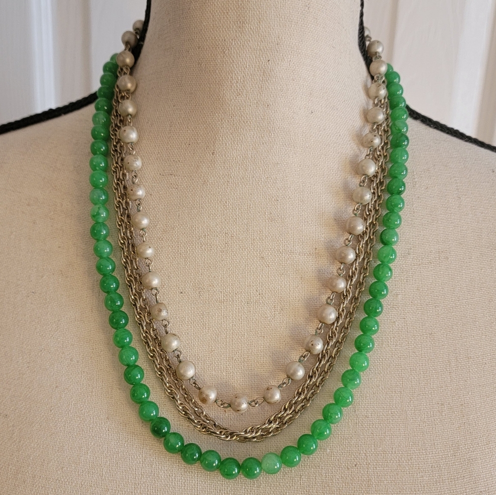 Vintage Marvella 4 Strand Green Bead Faux Pearl Gold Tone Necklace 24”